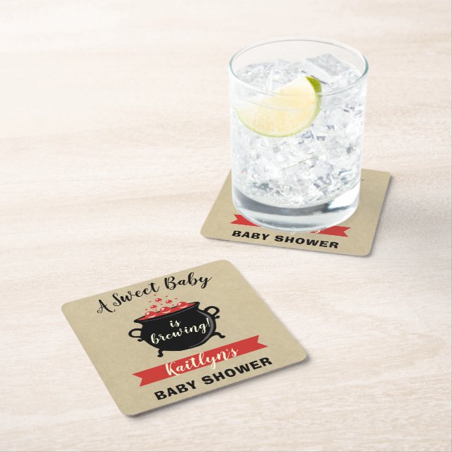A Sweet Baby Is Brewing Halloween Baby Shower Square Paper Coaster (Insitu)
