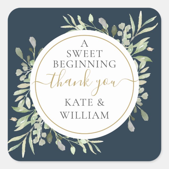 A Sweet Beginning Deep Sea Blue Wedding Favour Square Sticker (Front)