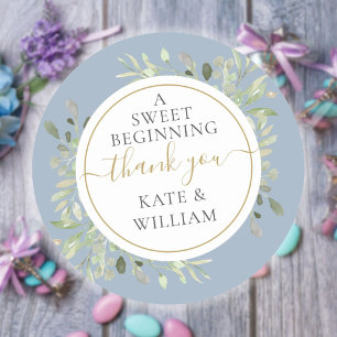 A Sweet Beginning Dusty Blue Greenery Wedding  Classic Round Sticker