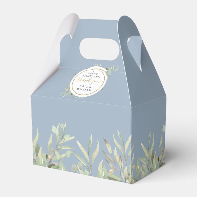 A Sweet Beginning Gold Dusty Blue Greenery Wedding Favour Box (Front Side)