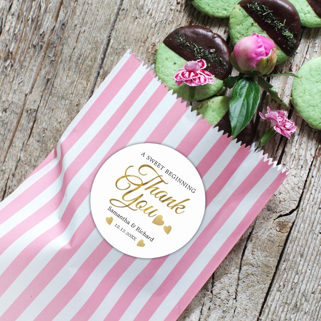 A Sweet Beginning Gold Thank You Wedding Favour Classic Round Sticker (A Sweet Beginning Gold Thank You Wedding Favor Classic Round Sticker Party favor stickers)