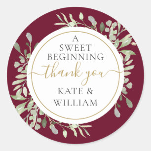 A Sweet Beginning Greenery Burgundy Wedding  Classic Round Sticker