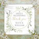 A Sweet Beginning Greenery Wedding Thank You Favou Square Sticker<br><div class="desc">Featuring delicate watercolor greenery leaves,  this chic botanical thank you sticker can be personalised with your special wedding day message and names. Designed by Thisisnotme©</div>