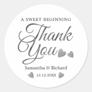 A Sweet Beginning Silver Thank You Wedding Favour Classic Round Sticker