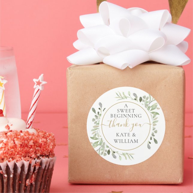 A Sweet Beginning Thank You Greenery Wedding Favou Classic Round Sticker (Party)
