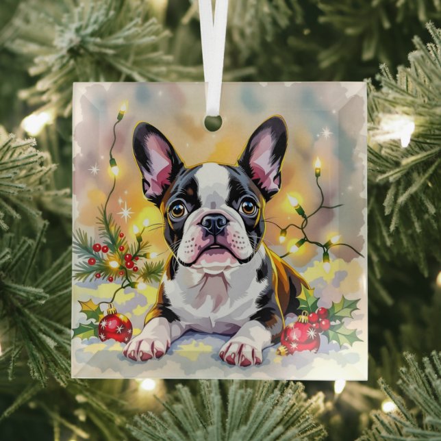 A Sweet Boston Terrier Christmas Glass Tree Decoration (Insitu)