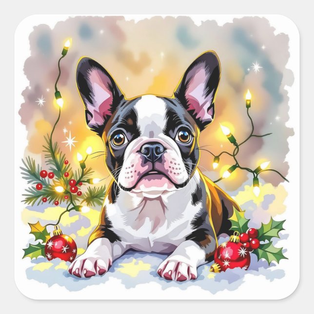A Sweet Boston Terrier Christmas Square Sticker (Front)