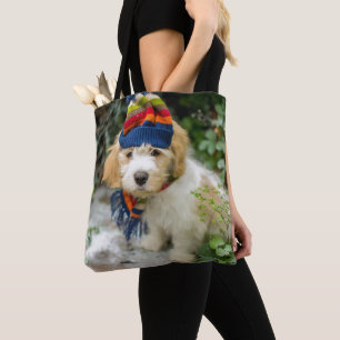 A Sweet Cavachon Puppy In A Winter Hat And Scarf Tote Bag