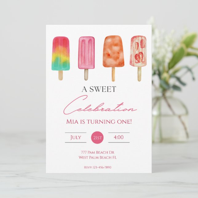 A Sweet Celebration Modern Popsicle Birthday  Invitation (Standing Front)