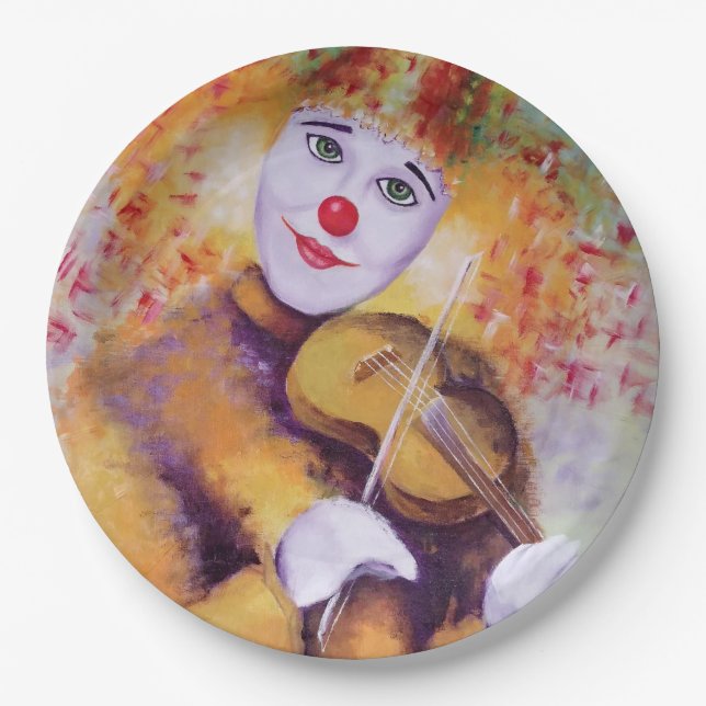 A sweet clown playing the violin paper plate (Front)