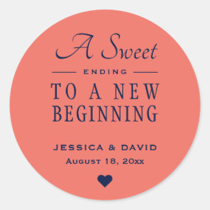 A Sweet Ending Navy Blue and Coral Wedding Favour Classic Round Sticker