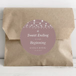 A Sweet Ending to a New Beginning Wedding Classic Round Sticker<br><div class="desc">This a sweet ending to a new beginning wedding classic round sticker is perfect for a rustic wedding. The design features white string lights in a blush background.</div>