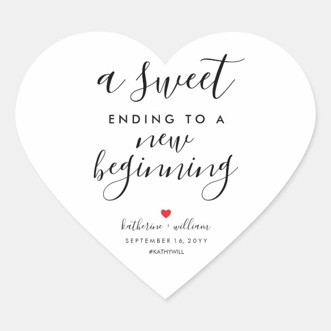 A Sweet Ending To A New Beginning Wedding Favour Heart Sticker (Front)