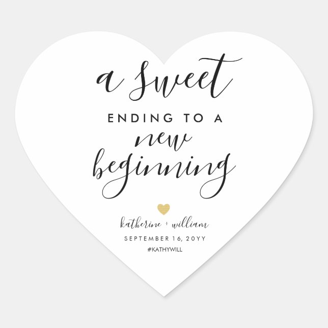A Sweet Ending To A New Beginning Wedding Favour Heart Sticker (Front)