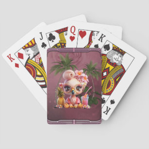 A sweet flamingo in a tropical paraise playing cards