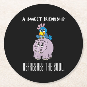 A Sweet Friendship Refreshes The Soul Purple Hippo Round Paper Coaster