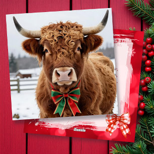 A Sweet Highland Cow on a Snowy Christmas Day Holiday Card