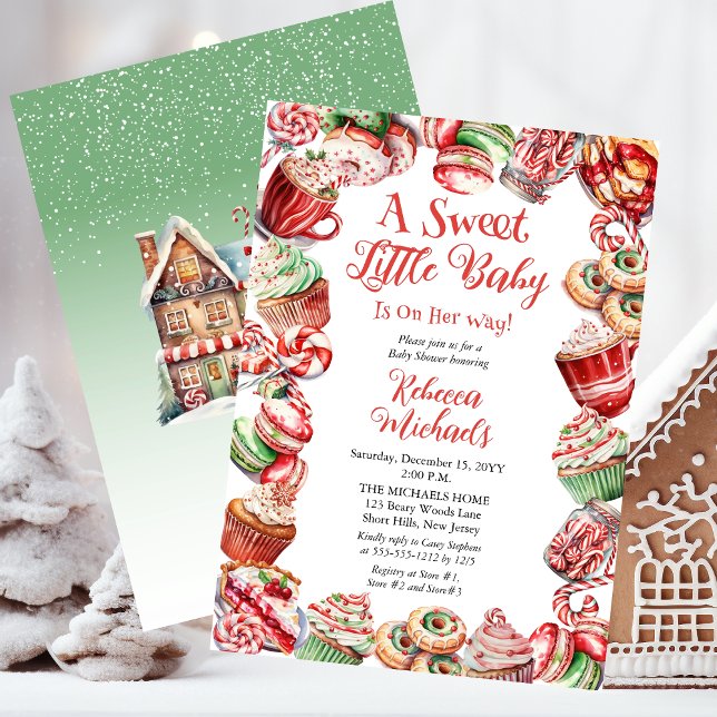 A Sweet Little Baby Candy Frame Baby Shower Invitation ("A Sweet Little Baby Is On Her Way" Christmas Holiday Candy Frame Girl Baby Shower Invitation)