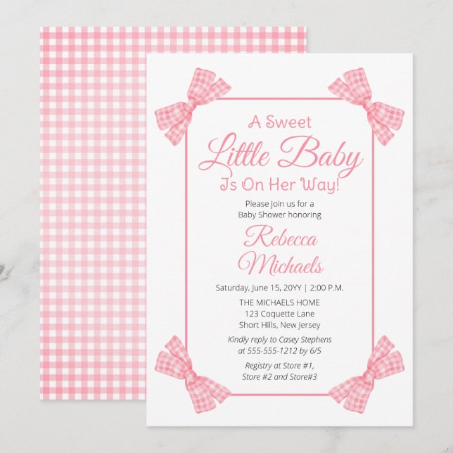 A Sweet Little Baby Pink Bows Girl Baby Shower Invitation (Front/Back)