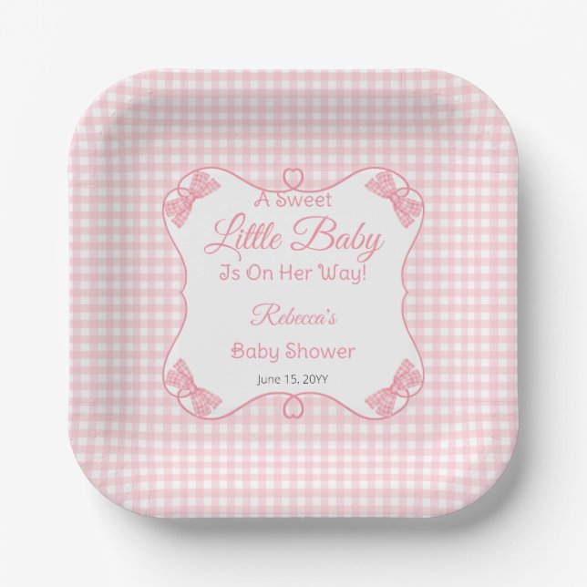 A Sweet Little Baby Pink Bows Girl Baby Shower Paper Plate (Front)