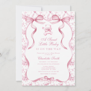 A Sweet Little Baby Toile Bear Pink Baby Shower Invitation