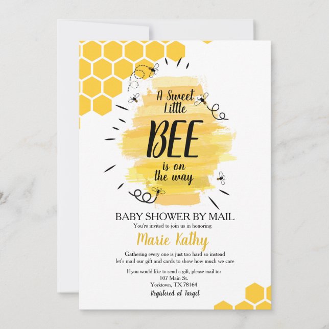 A sweet little be is on the way shower by mail invitation (Front)