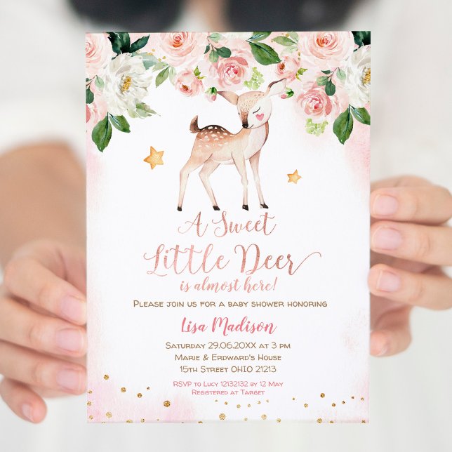 A Sweet Little Deer Pink Flower Baby Shower  Invitation (Creator Uploaded)