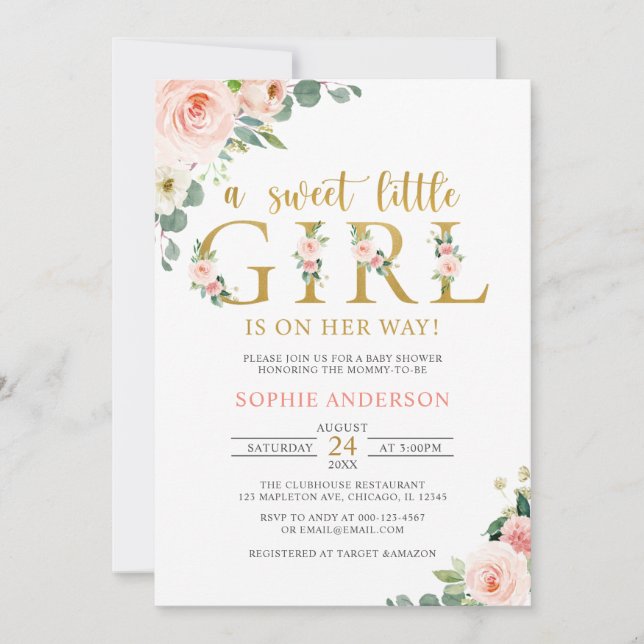A Sweet Little Girl Blush Gold Floral Baby Shower  Invitation (Front)