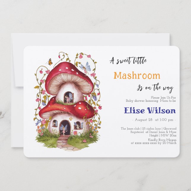 A sweet little mashroom  fairy  is on the way invitation (Front)