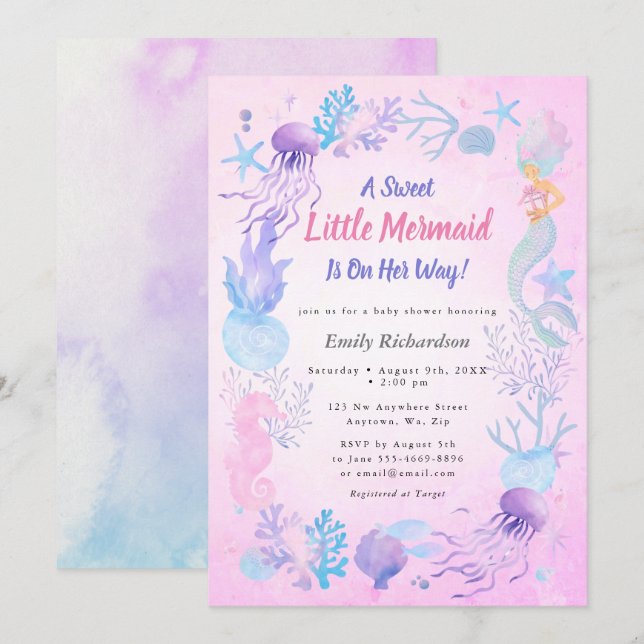 A Sweet Little Mermaid Pastel Girl Baby Shower Invitation (Front/Back)
