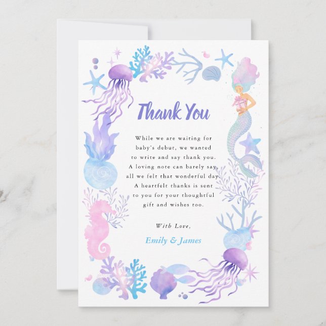 A Sweet Little Mermaid Pastel Girl Baby Shower Thank You Card (Front)