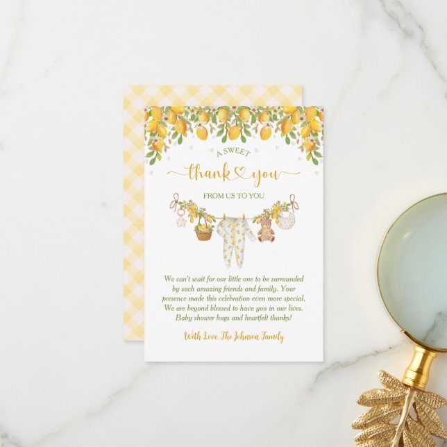 A Sweet Little One Lemon Citrus Floral Baby Shower Thank You Card (Front/Back In Situ)