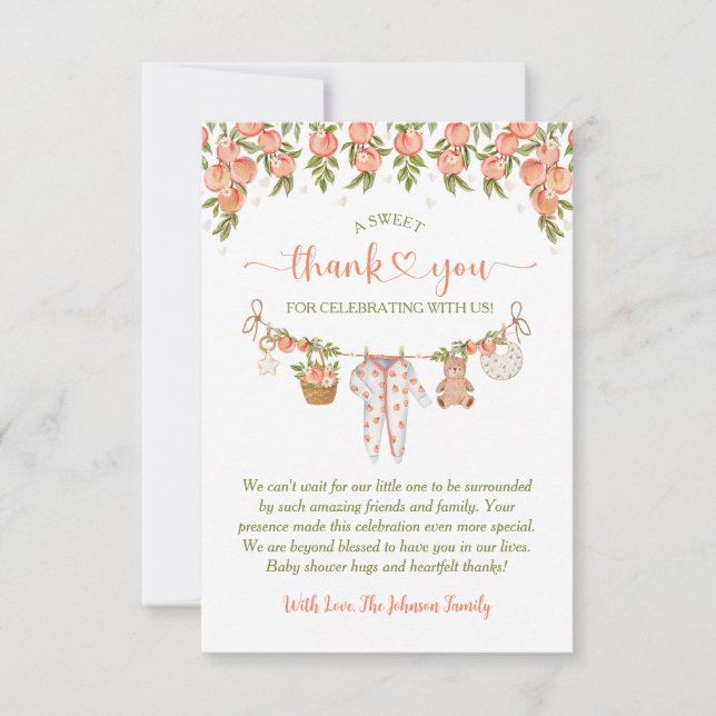 A Sweet Little Peach Clothesline Baby Shower Thank You Card (Front)