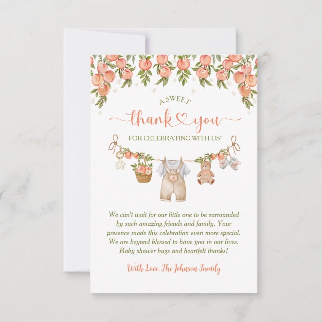 A Sweet Little Peach Clothesline Boy Baby Shower Thank You Card (Front)