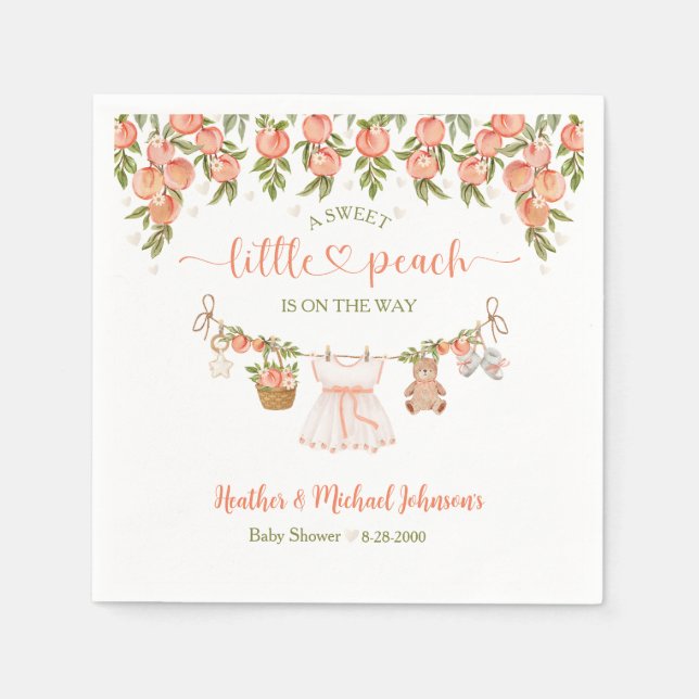 A Sweet Little Peach Clothesline Girl Baby Shower Napkin (Front)