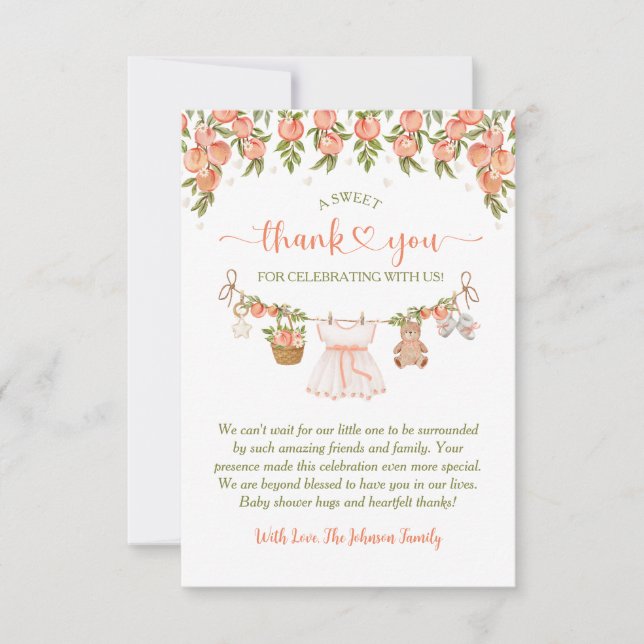 A Sweet Little Peach Clothesline Girl Baby Shower Thank You Card (Front)