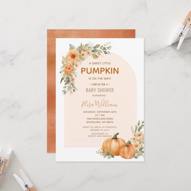 A Sweet Little Pumpkin Autumn Floral Baby Shower  Invitation (Front/Back In Situ)