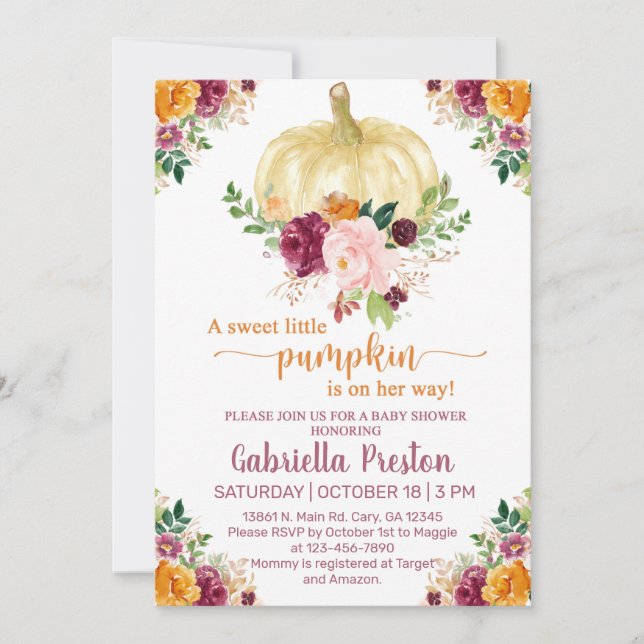 A sweet little pumpkin baby shower invite, white. invitation (Front)