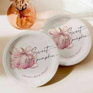 A Sweet Little Pumpkin Pink Bow Baby Shower Paper Plate