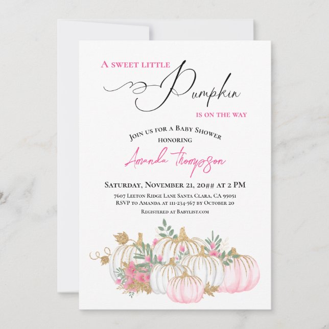 A Sweet Little Pumpkin Pink Greenery Baby Shower Invitation (Front)