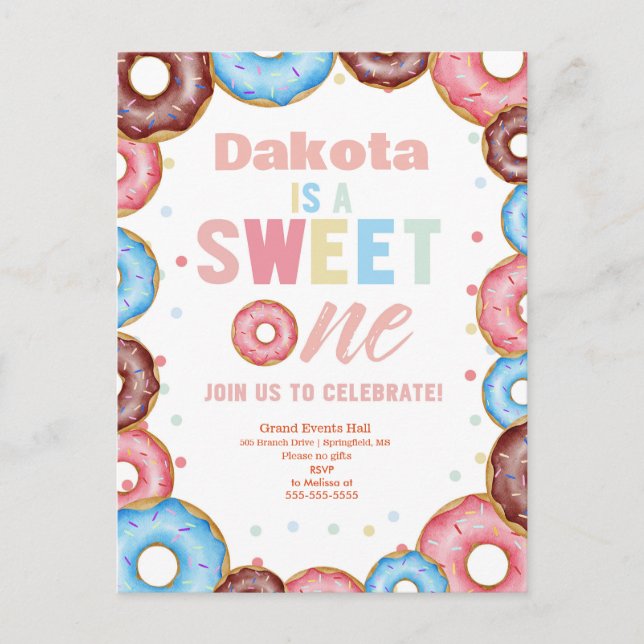 A Sweet One Doughnut first birthday  Invitation Postcard (Front)