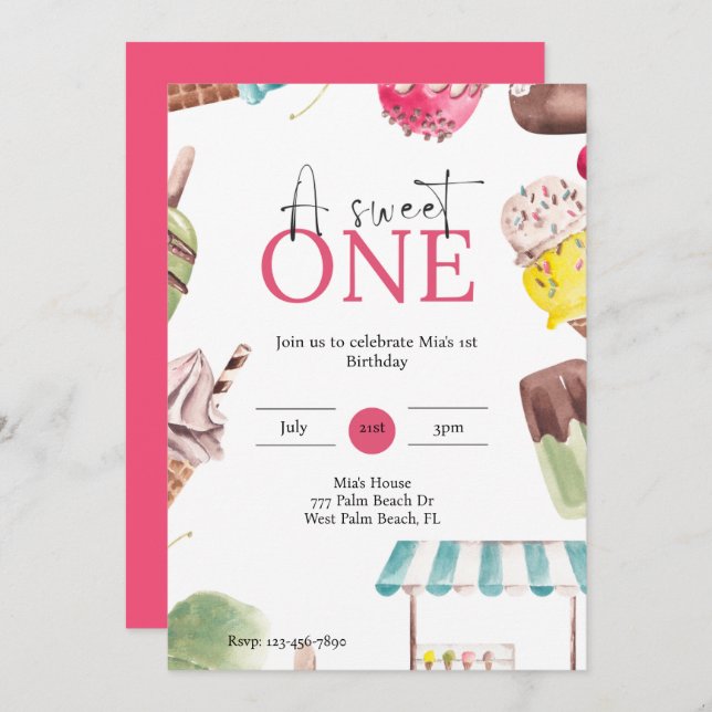 A sweet one Ice cream themed 1st birthday  Invitation (Front/Back)