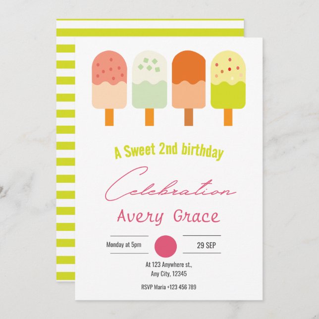 A Sweet Popsicle Summer Birthday Party Invitation (Front/Back)