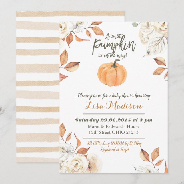 A sweet  Pumpkin is on the way baby shower invite (Front/Back)