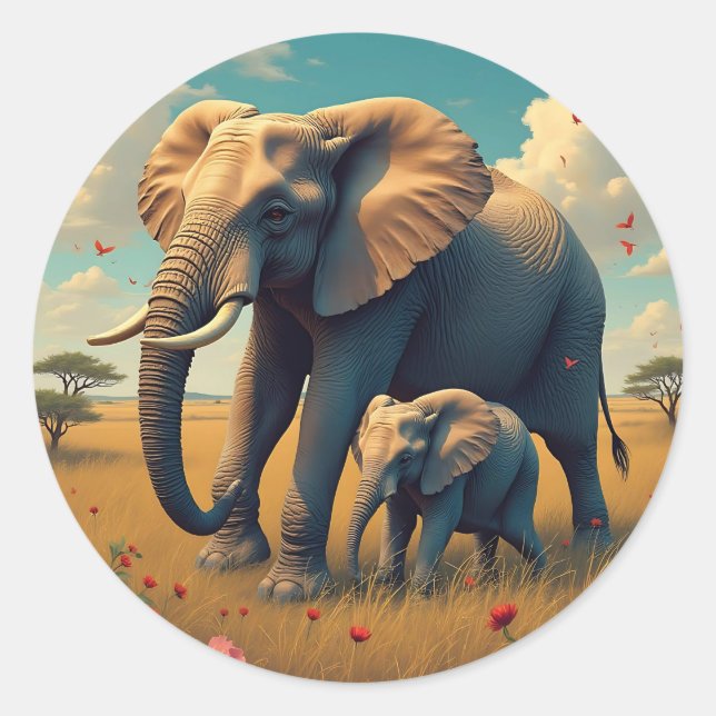A Sweet Sentimental Mama and Baby Elephant Classic Round Sticker (Front)