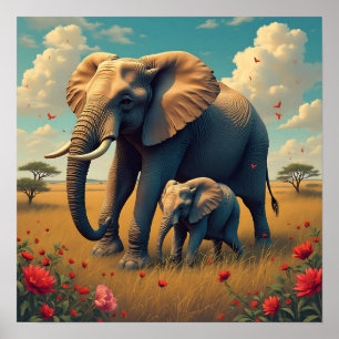 A Sweet Sentimental Mama and Baby Elephant Poster
