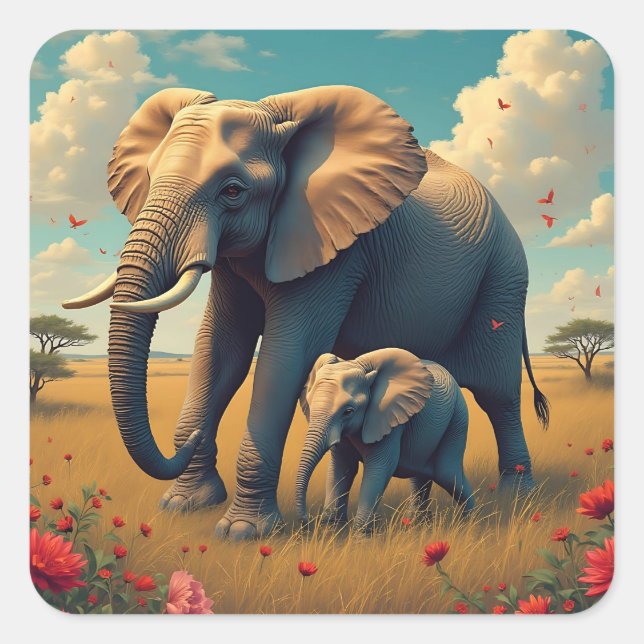 A Sweet Sentimental Mama and Baby Elephant Square Sticker (Front)