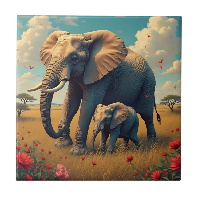 A Sweet Sentimental Mama and Baby Elephant Tile (Front)
