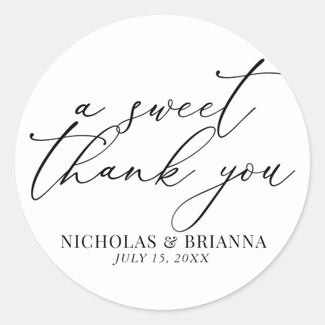 A Sweet Thank You Black and White Classic Wedding Round Sticker (Front)