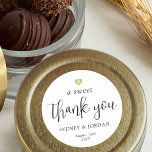 A Sweet Thank You Chic Trendy Script Wedding Favou Classic Round Sticker<br><div class="desc">Add an elegant personalised touch to wedding reception or bridal shower party favours with "a sweet thank you" custom round stickers. All wording on this template is simple to customise for treat bag seals or gift tags. The modern black and white design features a gold faux foil heart, chic trendy...</div>
